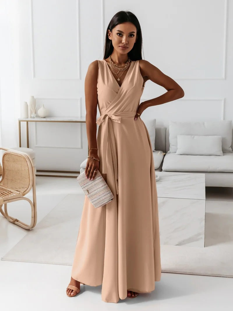 Sylverie | Women’s Elegant V-Neck Tie-Waist Sleeveless Maxi Dress – Formal Party Gown
