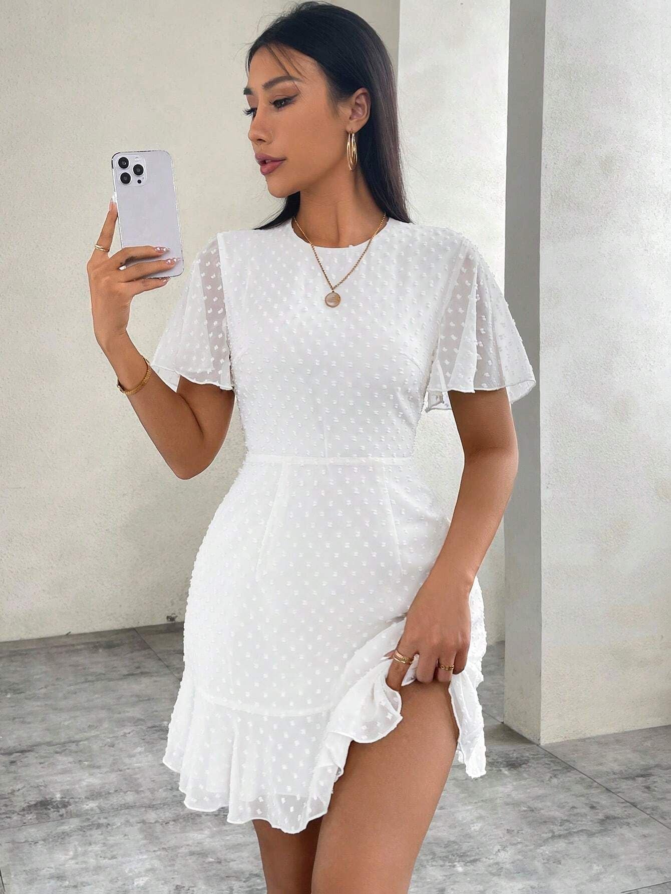 Tavina | Women's Polka Dot Ruffle Trim Mini Dress with Round Neck & Short Sleeves