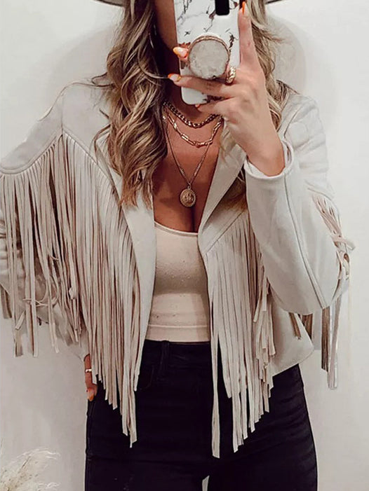 Ashlin | Cropped Fringe Jacket with Turn-Down Collar – Western-Inspired Statement Layer