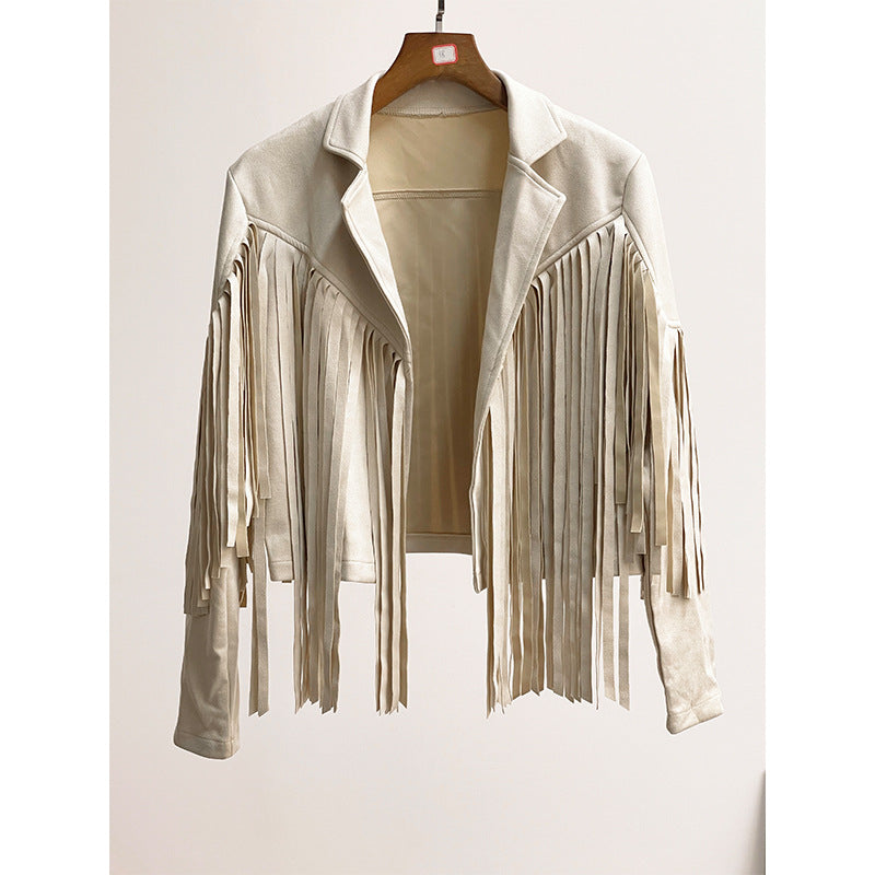 Ashlin | Cropped Fringe Jacket with Turn-Down Collar – Western-Inspired Statement Layer