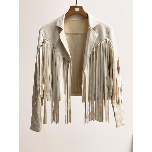 Ashlin | Cropped Fringe Jacket with Turn-Down Collar – Western-Inspired Statement Layer