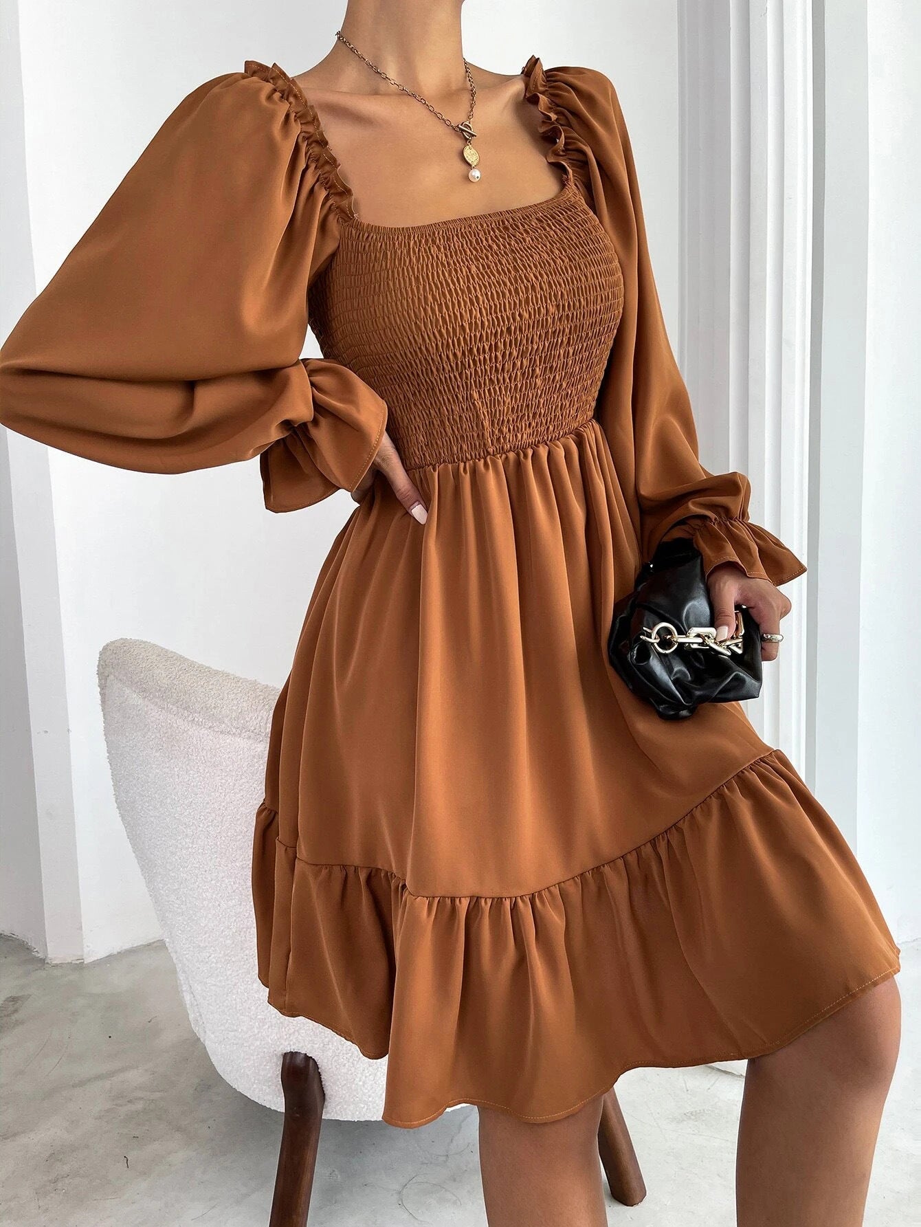 Sibylla | Women’s Solid Colour Square Neck Pleated Mini Dress with Bishop Sleeves & Ruffled Hem