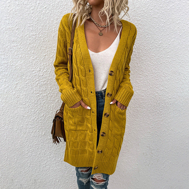 Arabella | Women's Solid Colour Long Buttoned Knit Cardigan with Pockets