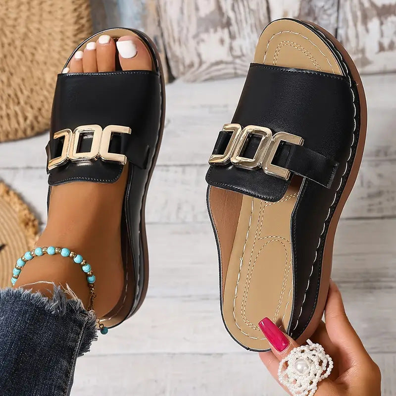Virissa | Women’s Open Toe Wedge Sandals – Cushioned Insole – Metallic Buckle Detail – Sleek Elegant Finish