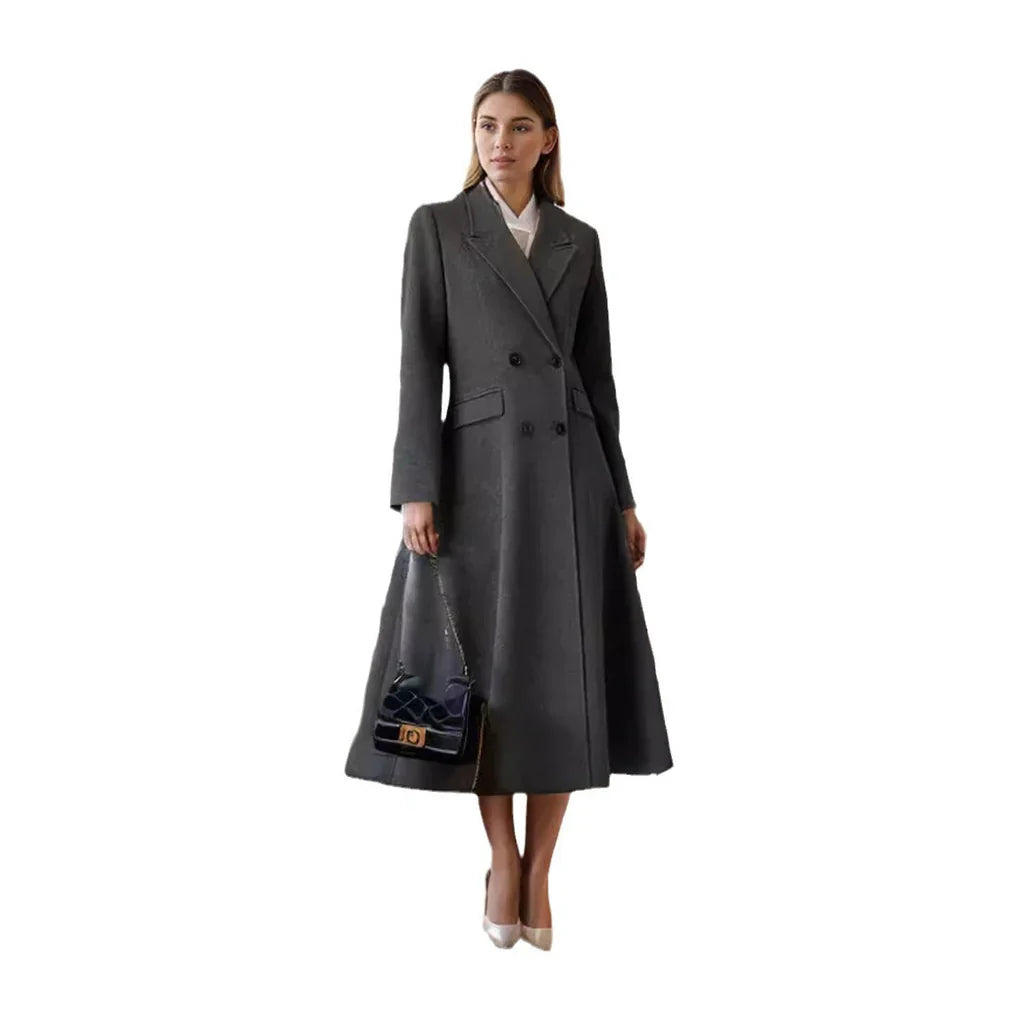 Esme | Women’s Tailored Grey Wool-Blend Long Coat with Double-Breasted Buttons