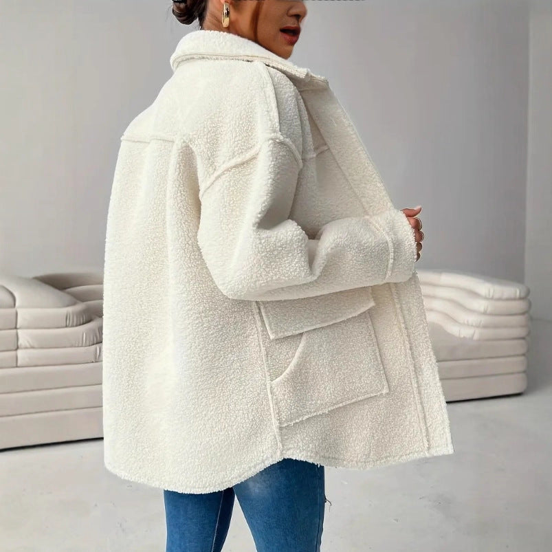 Emma | Women’s Oversized White Teddy Fleece Coat with Front Buttons and Patch Pockets
