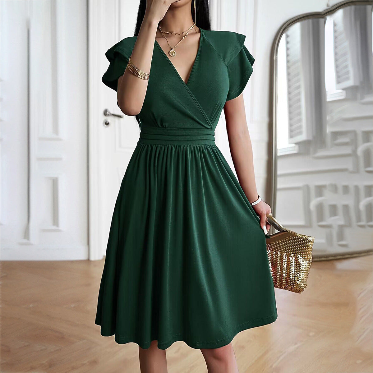 Jorinda | Women’s V-Neck Pleated Midi Dress with Cinched Waist & Short Sleeves