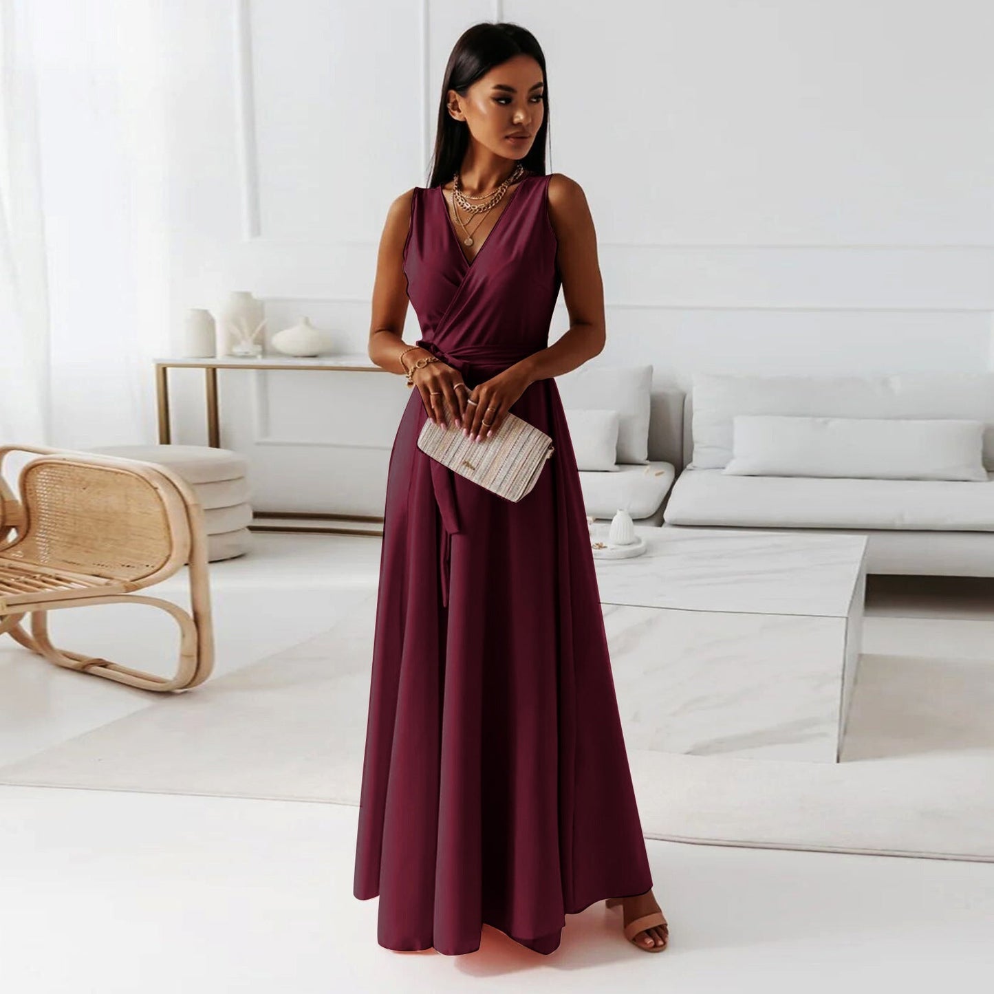 Sylverie | Women’s Elegant V-Neck Tie-Waist Sleeveless Maxi Dress – Formal Party Gown