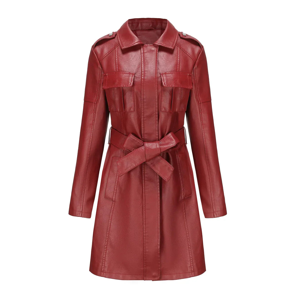 Dara | Women’s Fitted Medium-Length Leather Look Coat with Zipper and Chest Pockets
