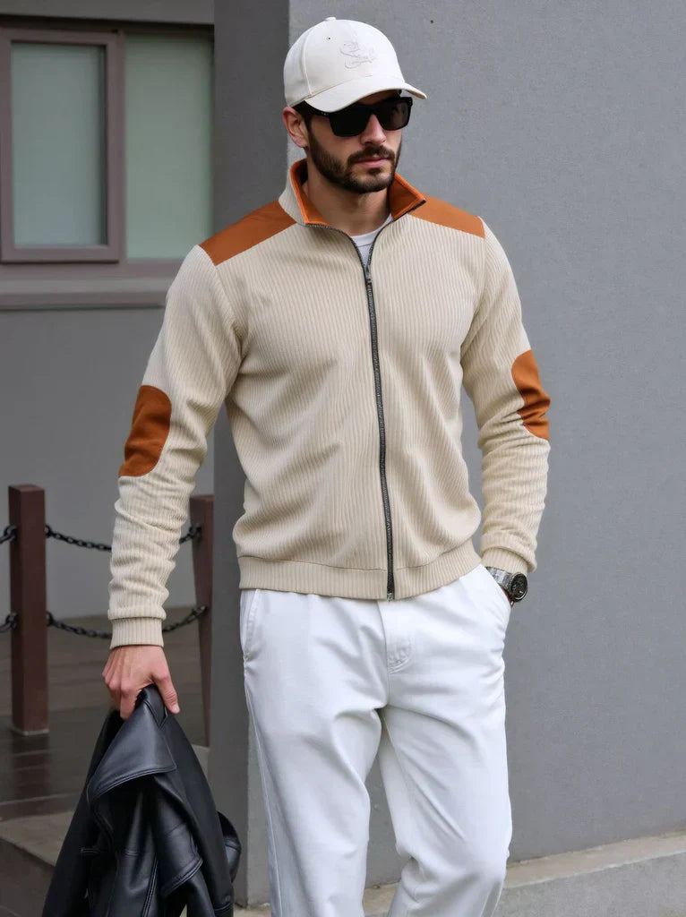 Laervic | Men’s Knitted Zipper Cardigan with Shoulder & Elbow Patches