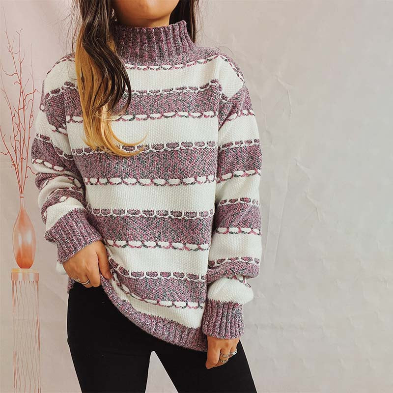 Euphemia | Women's Two-Tone Striped Turtleneck Knit Sweater