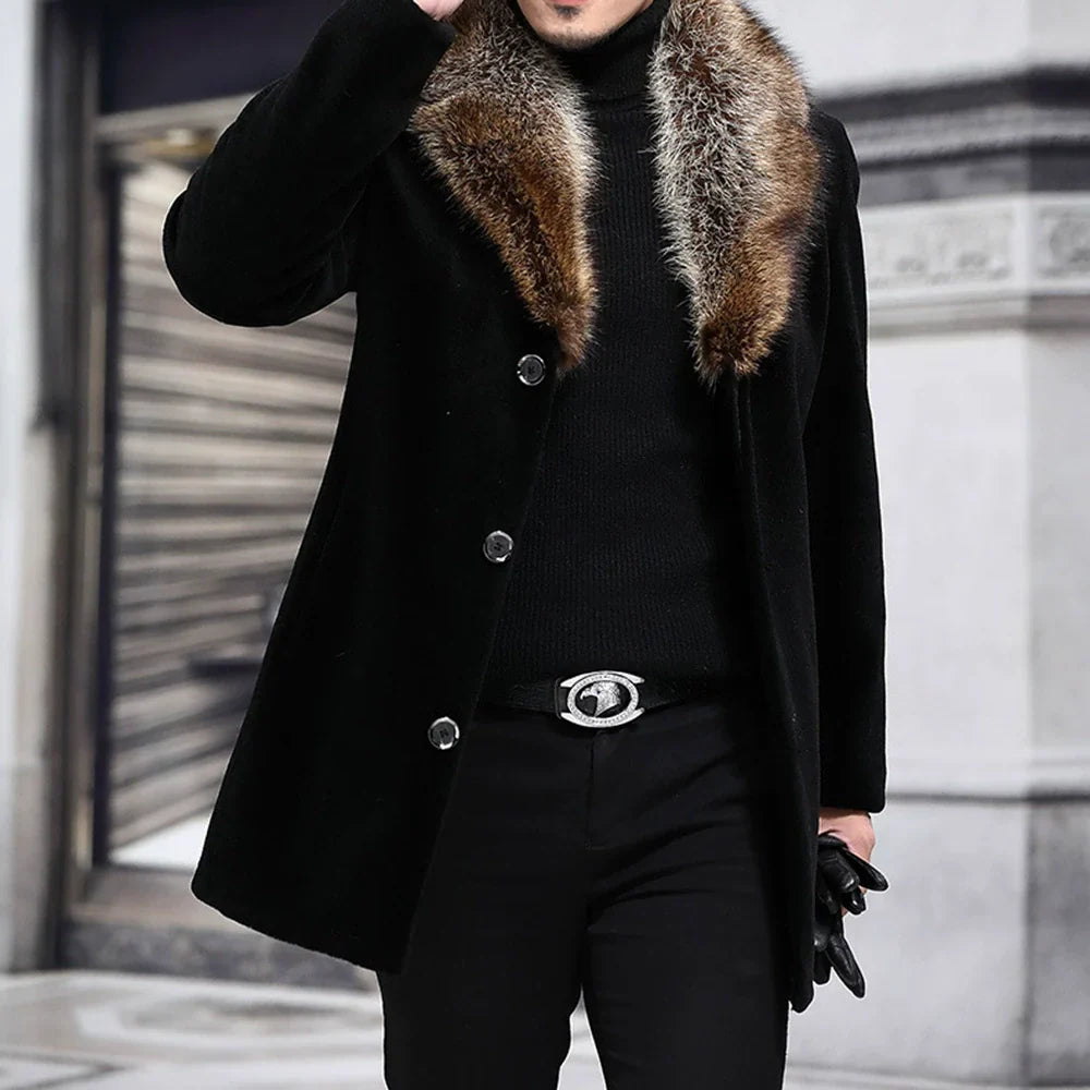 Laurent | Men's Slim-Fit Wool Coat – Shaggy V-Fur Collar with Button Closure