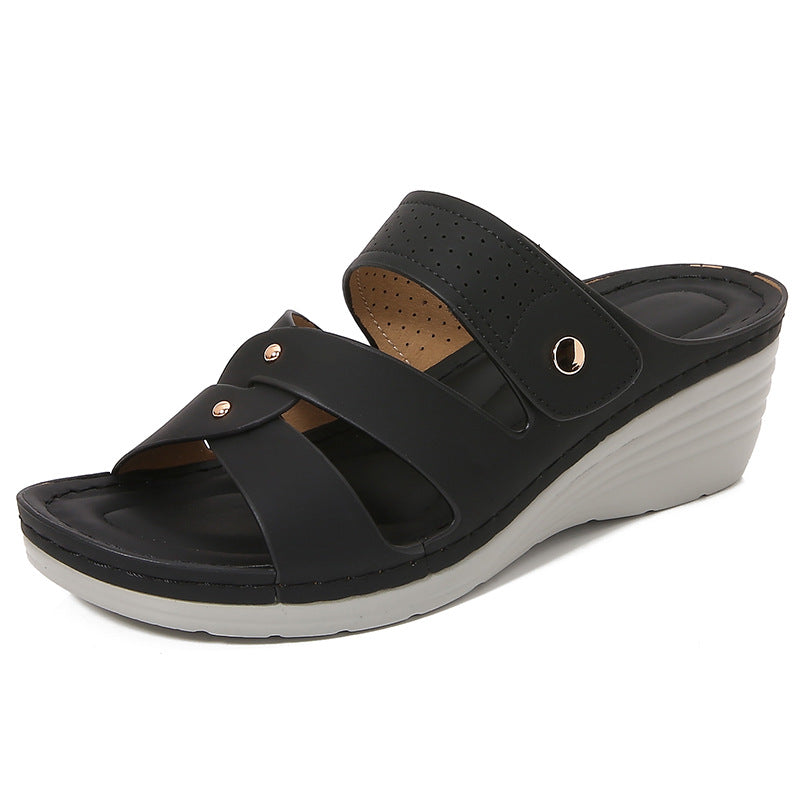 Perriwyn | Women’s Elegant Wedge Sandals – Open Toe Slip-On – Rivet Detail – Cushioned Insole Comfort