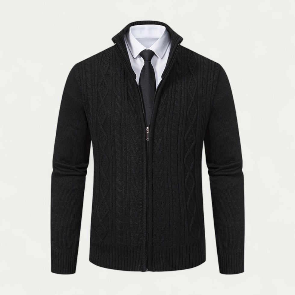 Edward | Men's Cable-Knit Zip-Up Cardigan with High Collar and Ribbed Hem