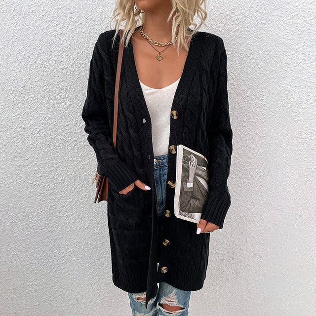 Arabella | Women's Solid Colour Long Buttoned Knit Cardigan with Pockets