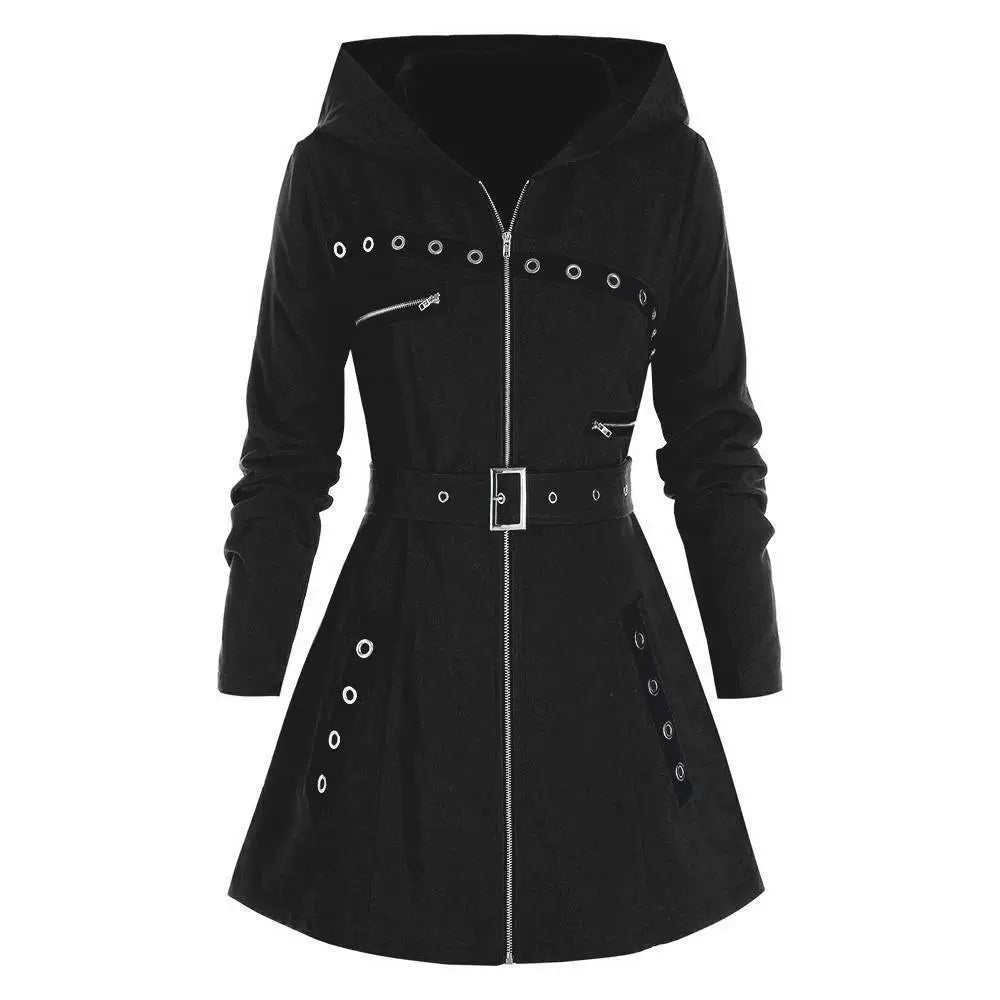 Doreen | Women’s Slim Fit Hooded Coat with Asymmetrical Hem and Buckled Waist