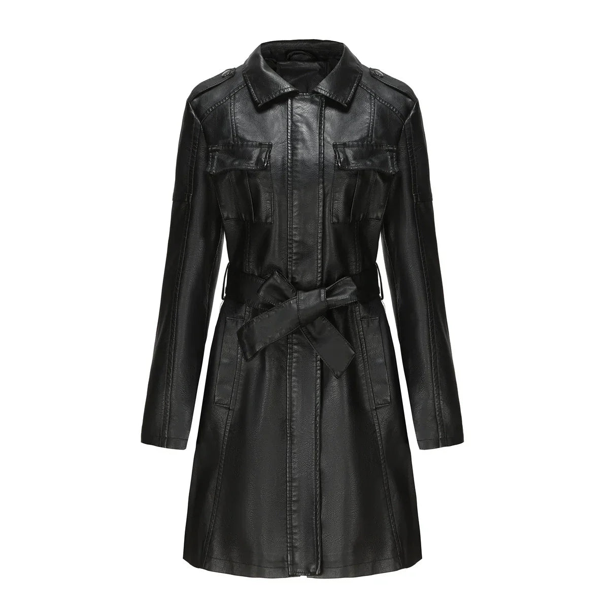 Dara | Women’s Fitted Medium-Length Leather Look Coat with Zipper and Chest Pockets