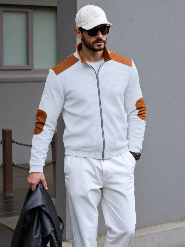 Laervic | Men’s Knitted Zipper Cardigan with Shoulder & Elbow Patches