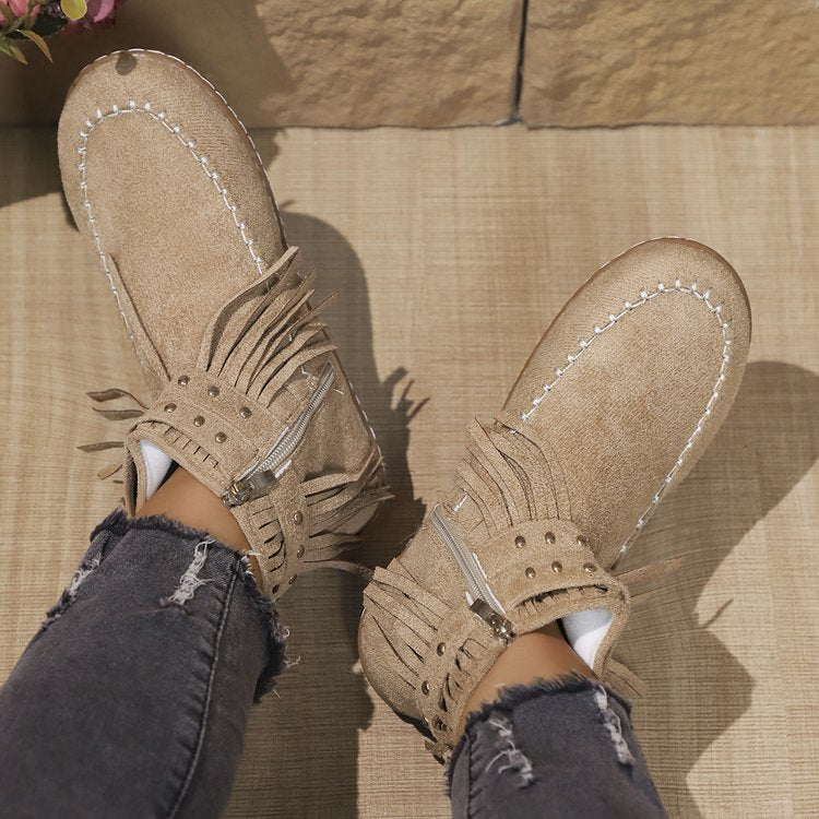 Gwenrose | Women’s Suede Fringe Ankle Boots – Metal Stud Detail – Flat Sole – Side Zip – Boho Style