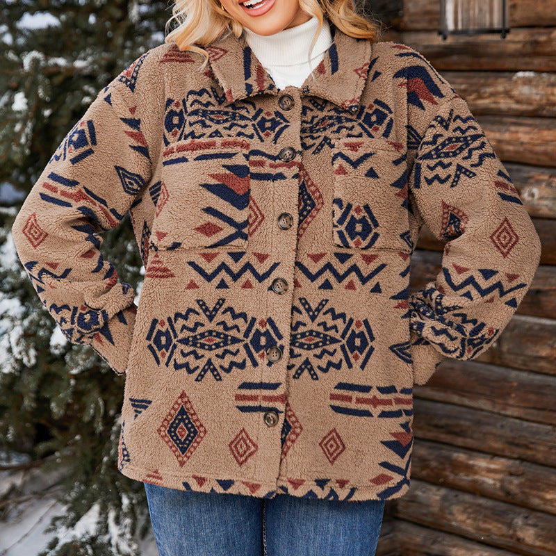 Emmeline | Women’s Oversized Buttoned Teddy Jacket with Geometric Pattern and Lapel Collar