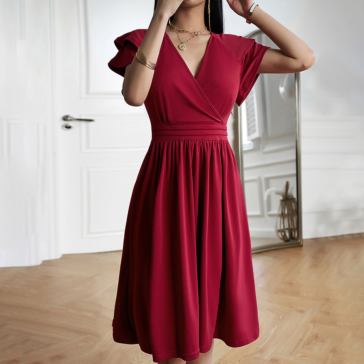 Jorinda | Women’s V-Neck Pleated Midi Dress with Cinched Waist & Short Sleeves