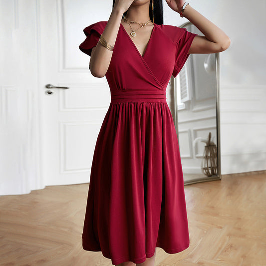 Jorinda | Women’s V-Neck Pleated Midi Dress with Cinched Waist & Short Sleeves