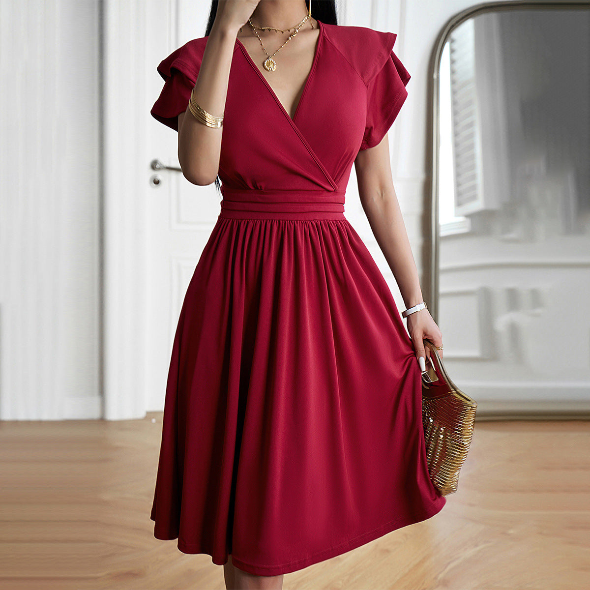 Jorinda | Women’s V-Neck Pleated Midi Dress with Cinched Waist & Short Sleeves