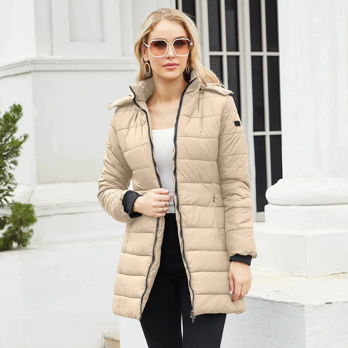 Danica | Women's Padded Puffer Jacket – Mid-Length with Detachable Hood & Ribbed Cuffs