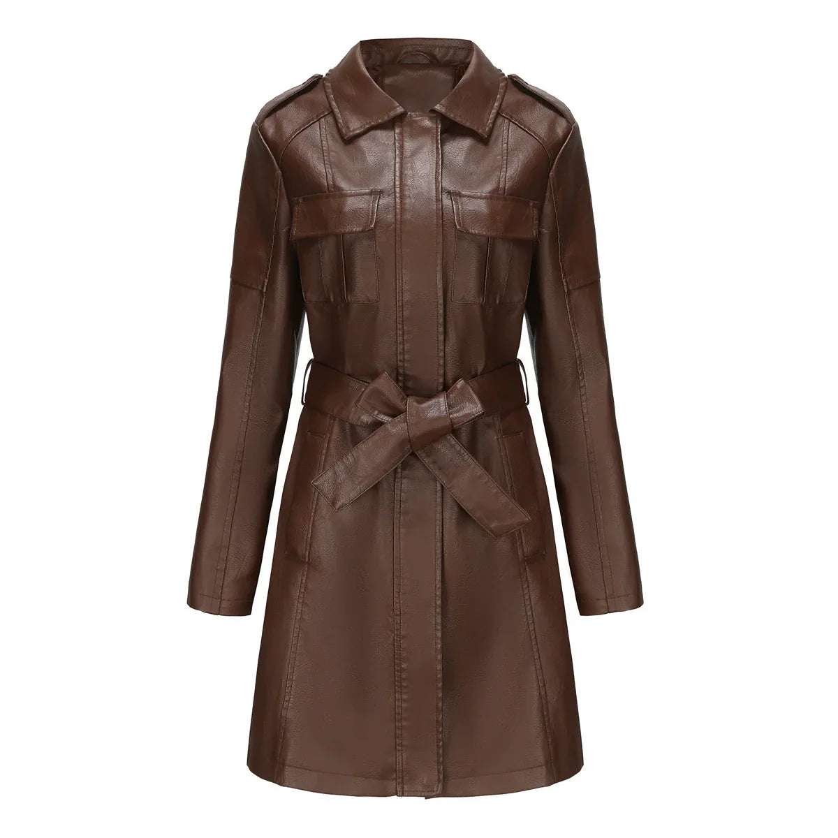 Dara | Women’s Fitted Medium-Length Leather Look Coat with Zipper and Chest Pockets