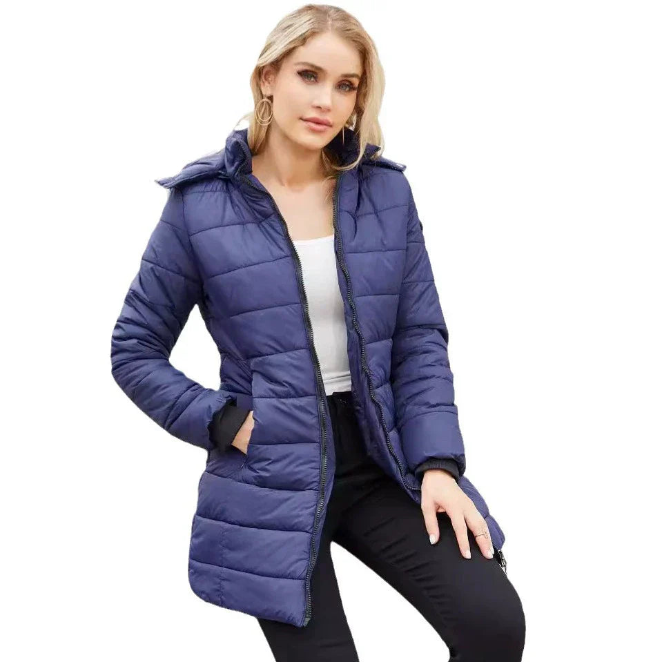 Danica | Women's Padded Puffer Jacket – Mid-Length with Detachable Hood & Ribbed Cuffs