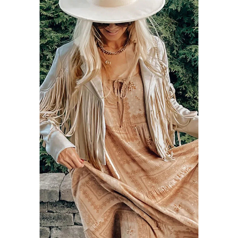 Ashlin | Cropped Fringe Jacket with Turn-Down Collar – Western-Inspired Statement Layer