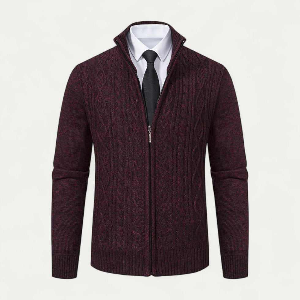 Edward | Men's Cable-Knit Zip-Up Cardigan with High Collar and Ribbed Hem