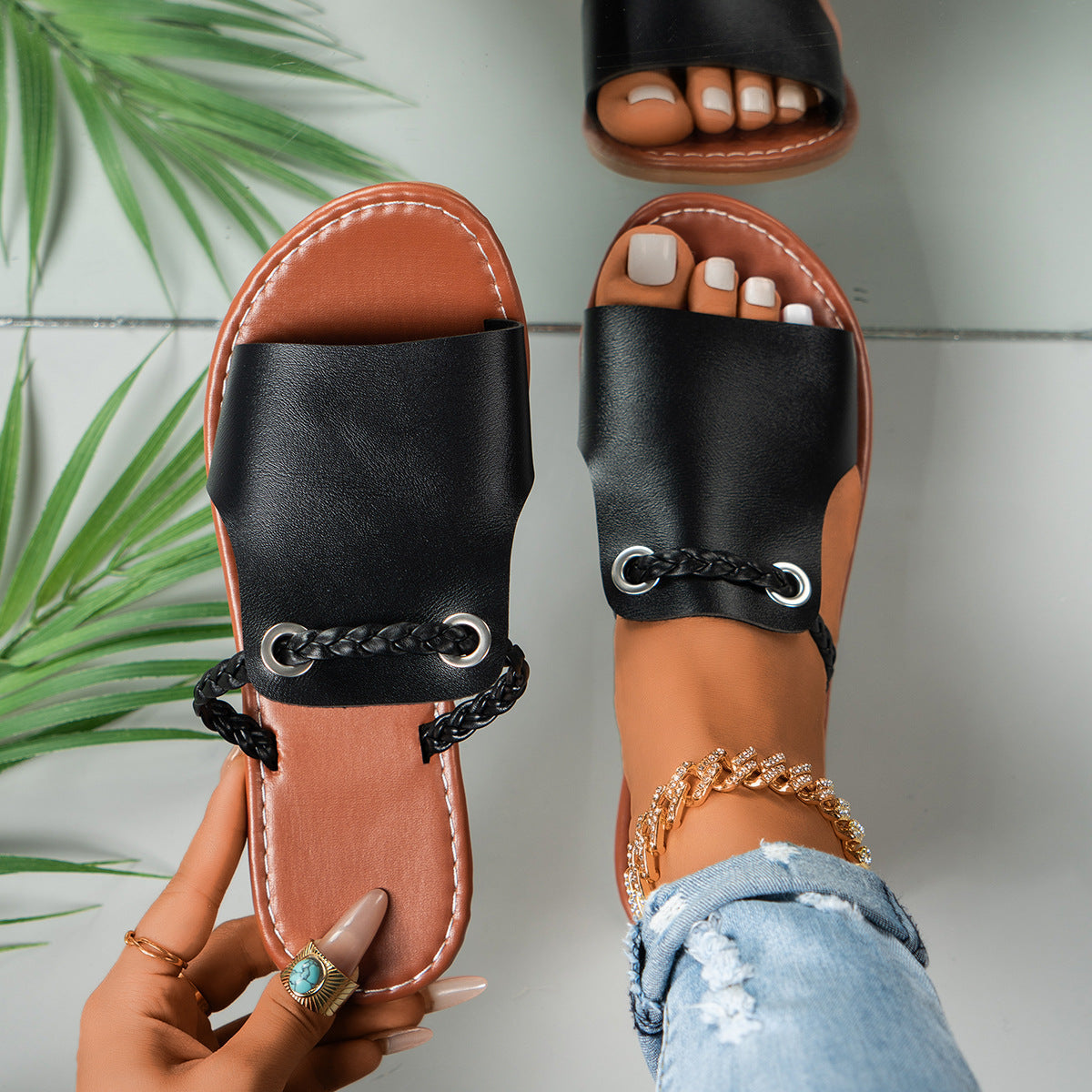Leocadie | Women’s Flat Slip-On Sandals – Braided Straps – Cushioned Footbed – Open Toe Comfort
