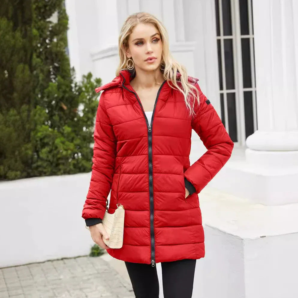 Danica | Women's Padded Puffer Jacket – Mid-Length with Detachable Hood & Ribbed Cuffs