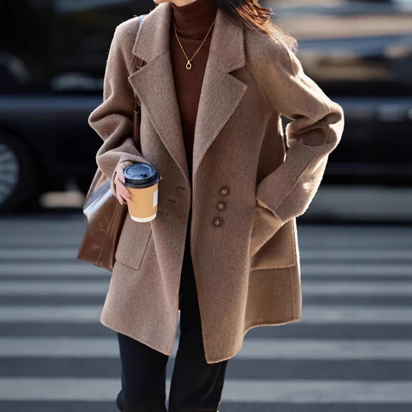 Emeline | Women’s Brown Mid-Length Wool-Blend Coat with Relaxed Fit and Patch Pockets