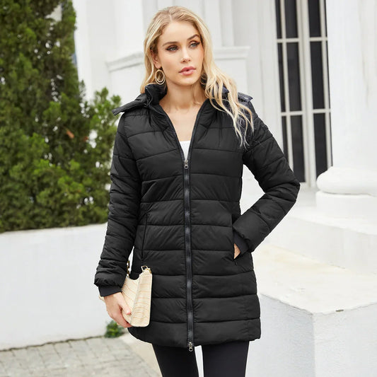 Danica | Women's Padded Puffer Jacket – Mid-Length with Detachable Hood & Ribbed Cuffs