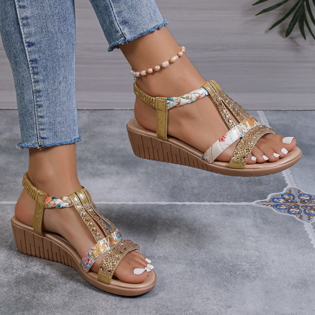 Vervaine | Women’s Rhinestone Wedge Sandals – T-Strap & Braided Ankle – Medium Heel – Elastic Slingback