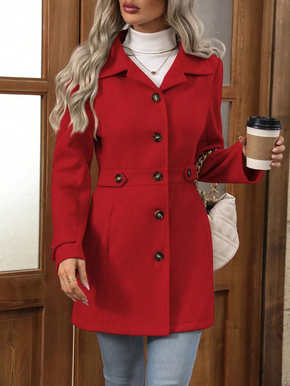 Elestren | Women's Long Cotton Coat with Lapel Collar & Buttons