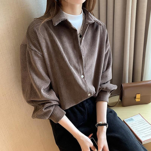 Carlotta | Women’s Ribbed Textured Corduroy Button-Up Blouse