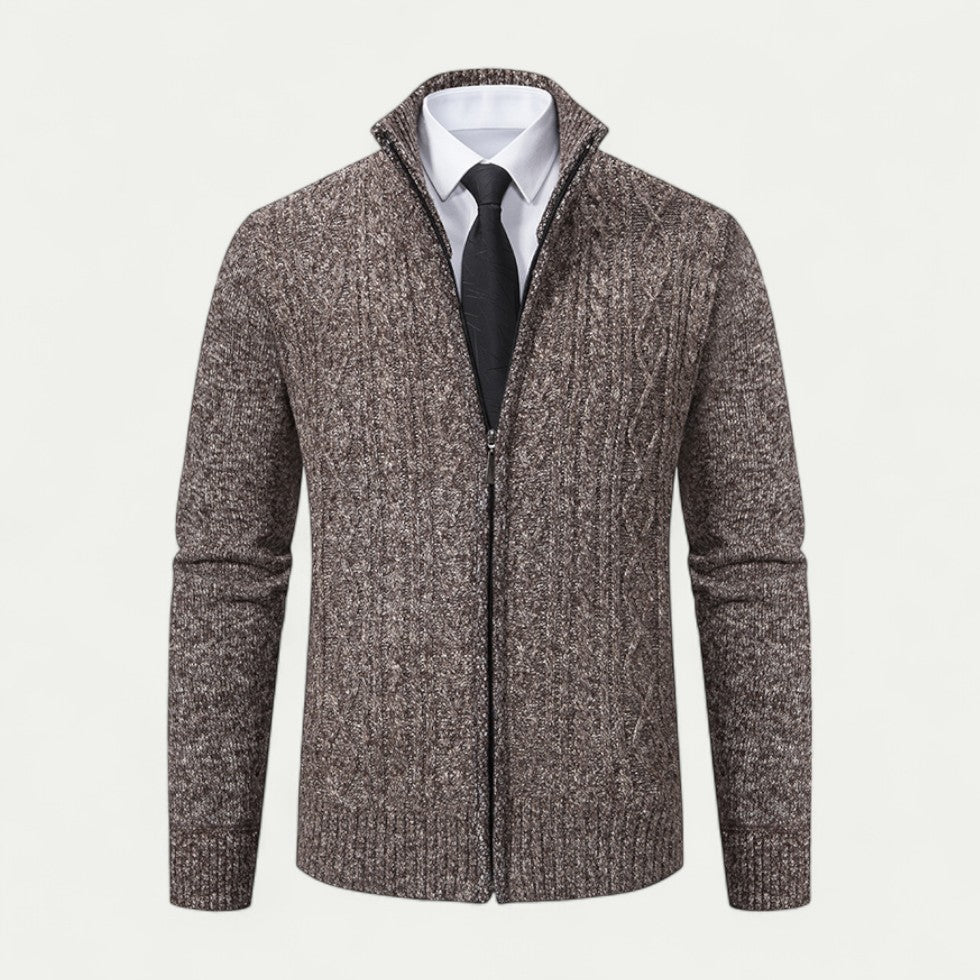 Edward | Men's Cable-Knit Zip-Up Cardigan with High Collar and Ribbed Hem