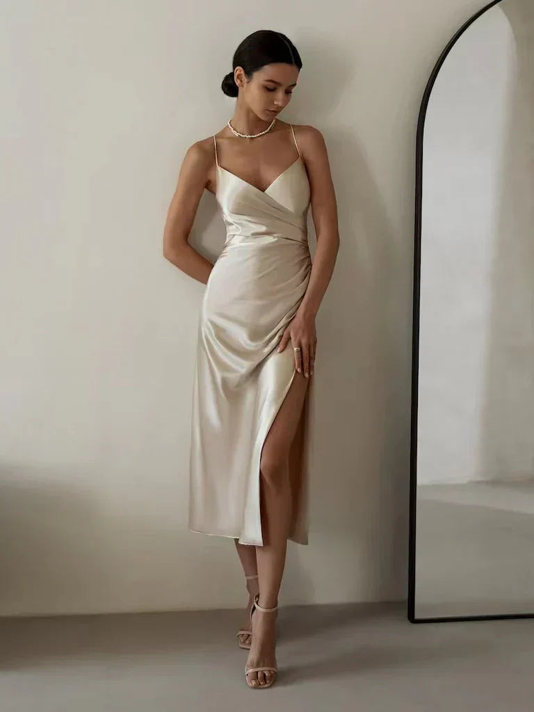 Thessaly | Women’s Elegant Spaghetti Strap Cross Back Midi Dress with Cinched Waist & Side Slit