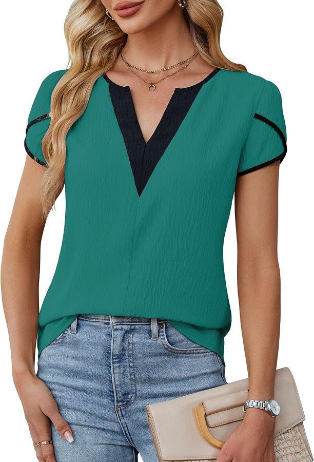 Telyn | Women’s Two-Tone Petal Sleeve V-Neck Summer Blouse – Lightweight & Elegant Casual Top