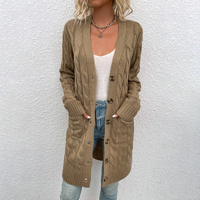 Arabella | Women's Solid Colour Long Buttoned Knit Cardigan with Pockets