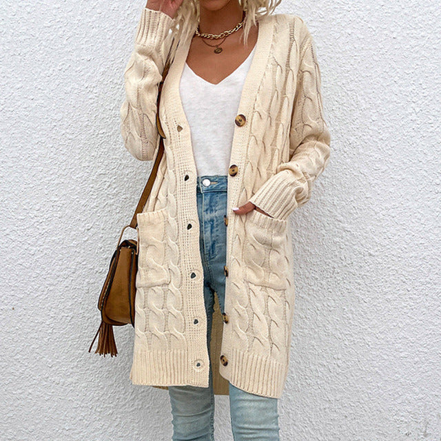 Arabella | Women's Solid Colour Long Buttoned Knit Cardigan with Pockets