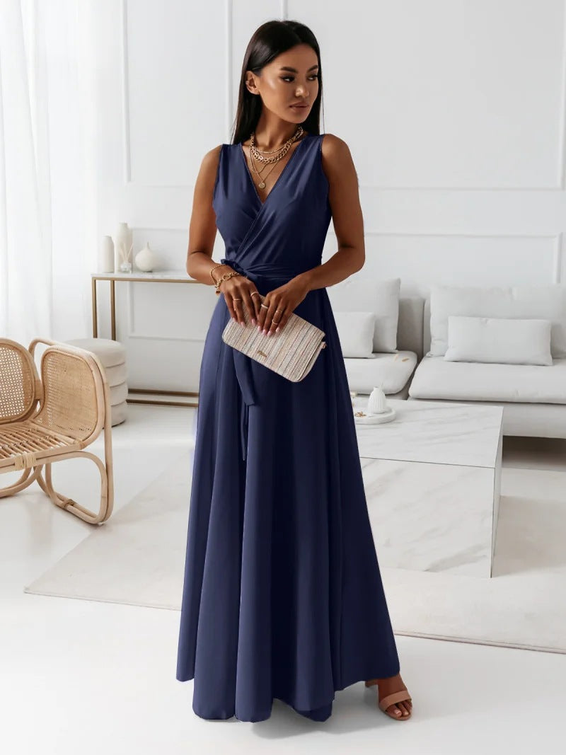 Sylverie | Women’s Elegant V-Neck Tie-Waist Sleeveless Maxi Dress – Formal Party Gown