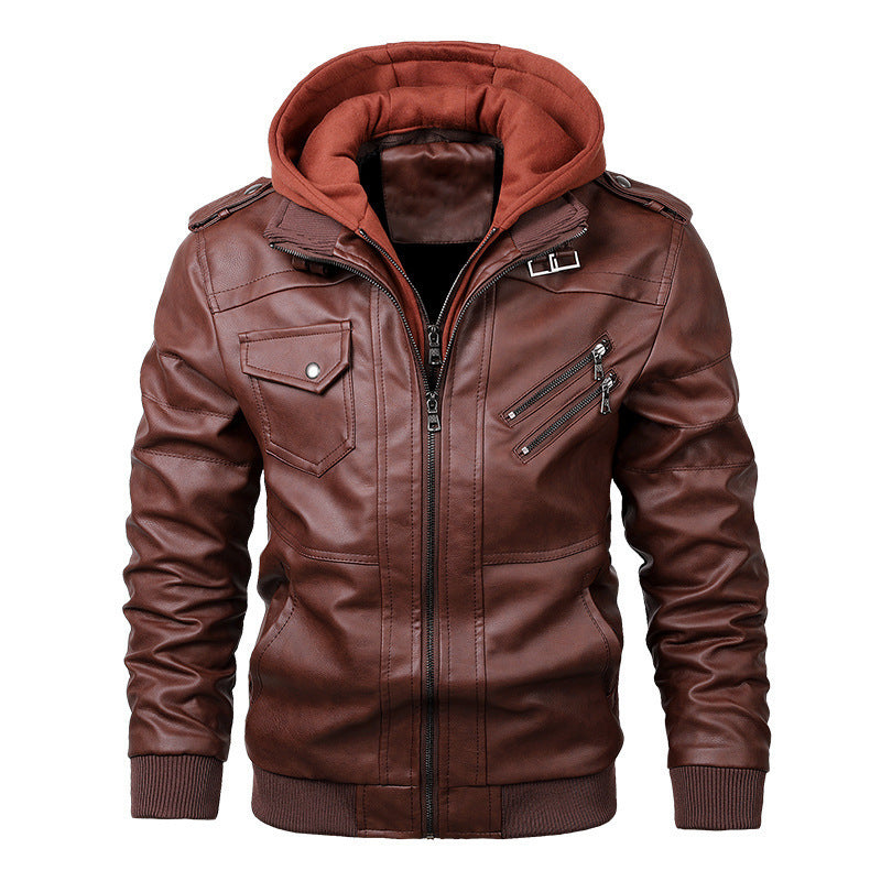 Lanvian | Men’s Slim Fit Faux Leather Jacket with Hood & Zip Pockets