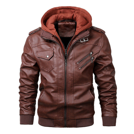 Lanvian | Men’s Slim Fit Faux Leather Jacket with Hood & Zip Pockets