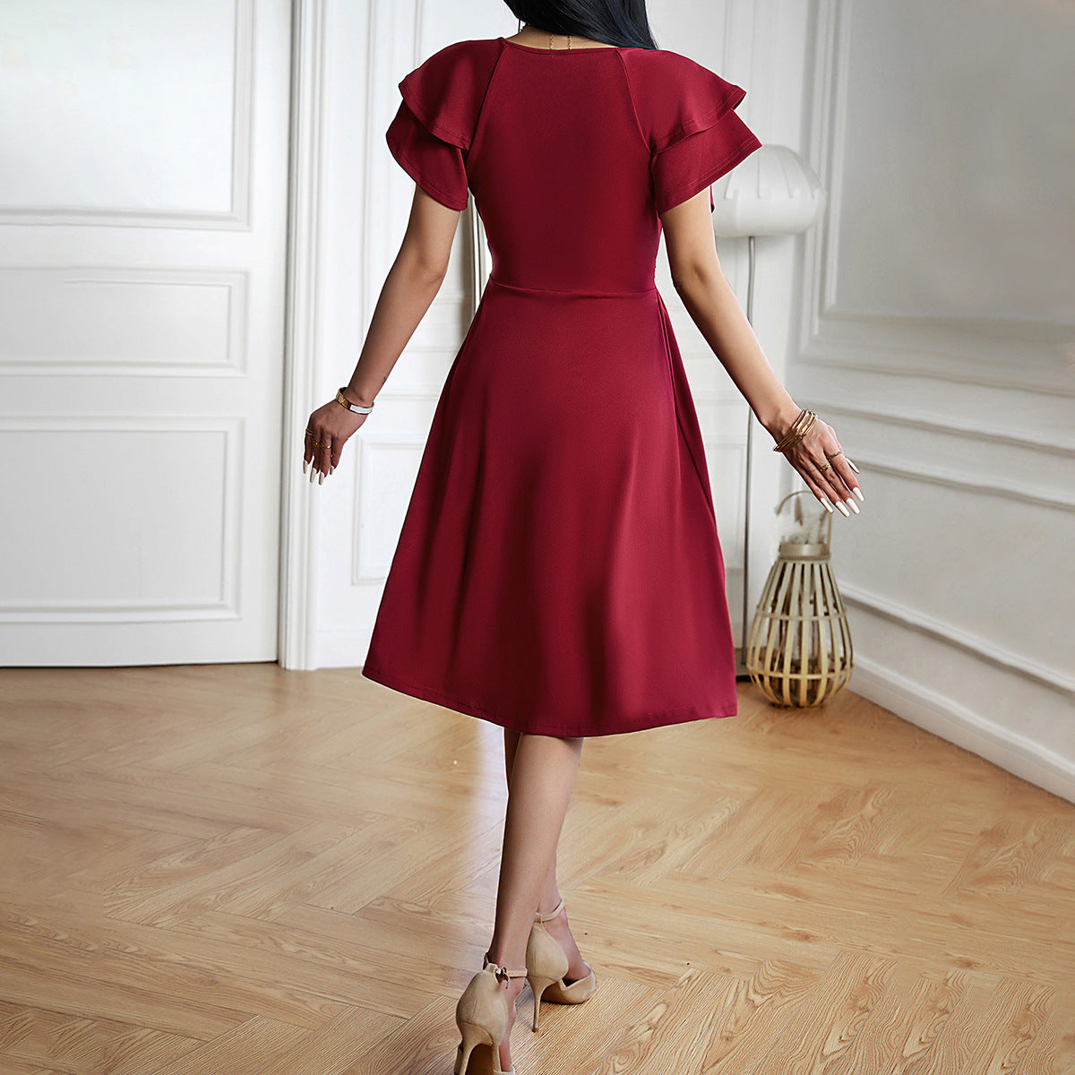 Jorinda | Women’s V-Neck Pleated Midi Dress with Cinched Waist & Short Sleeves