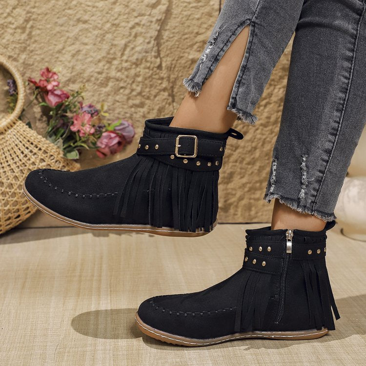 Gwenrose | Women’s Suede Fringe Ankle Boots – Metal Stud Detail – Flat Sole – Side Zip – Boho Style