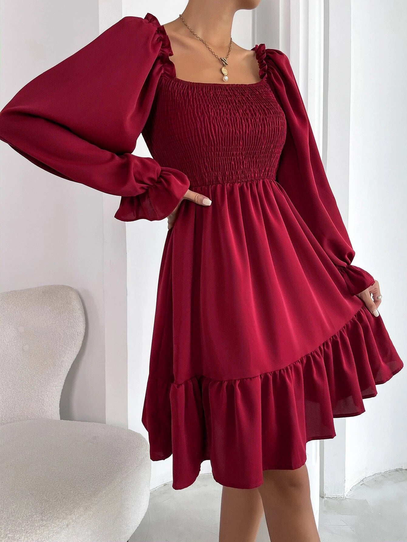 Sibylla | Women’s Solid Colour Square Neck Pleated Mini Dress with Bishop Sleeves & Ruffled Hem